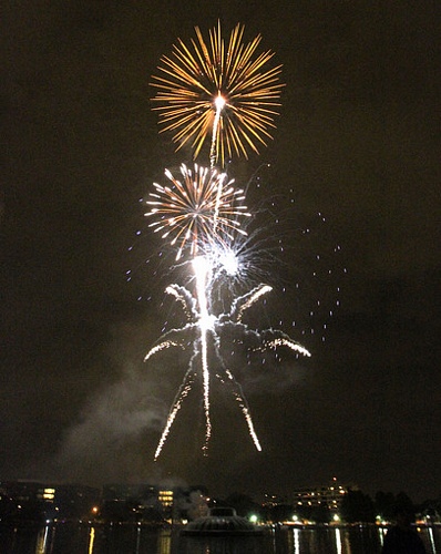 Orlando's Lake Eola water fountain and fireworks for July 4th